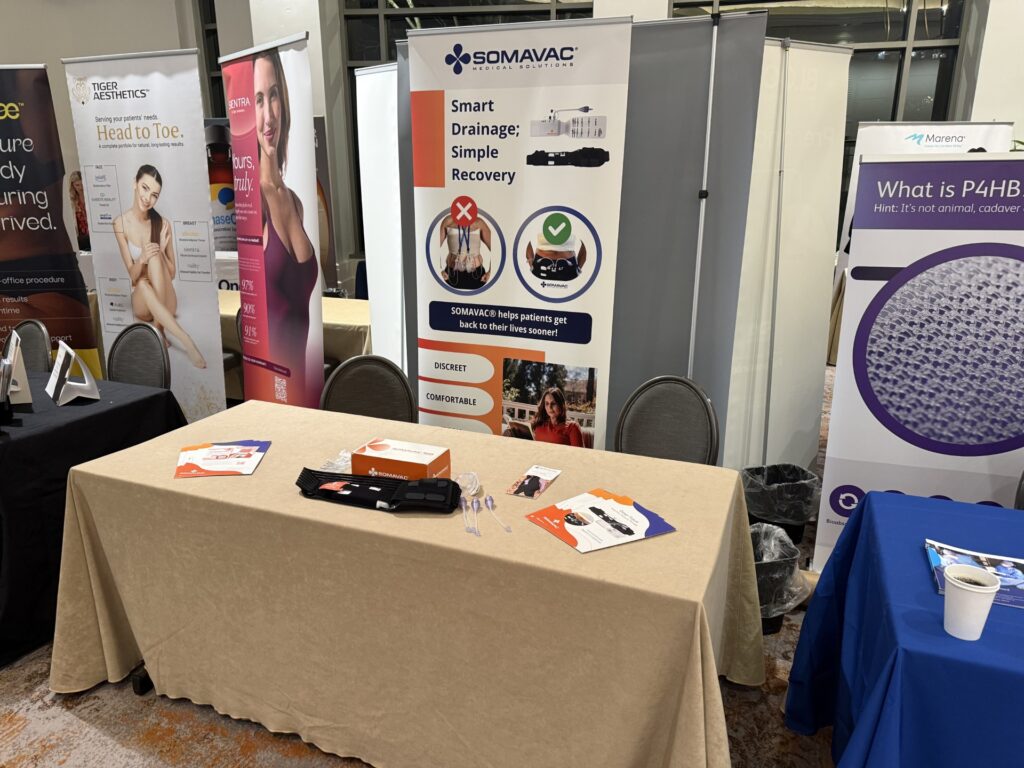 Medical product exhibition booth with promotional materials.